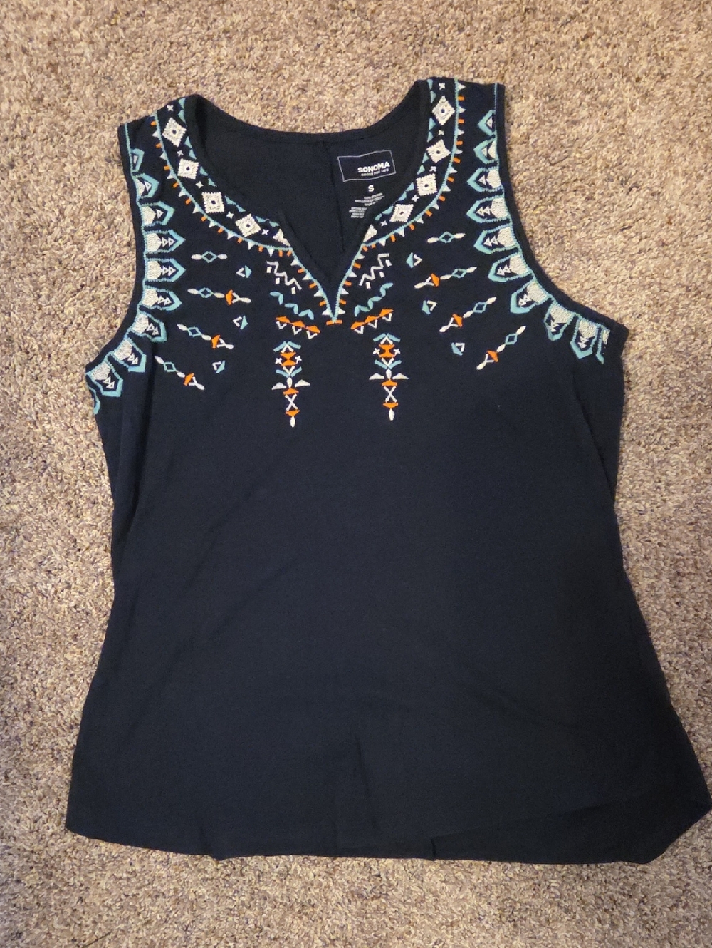 Sonoma Black Tank Top with Teal and Orange Embroidery